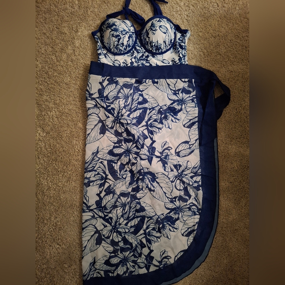 NWT Elegant Blue Floral One-Piece Swimsuit